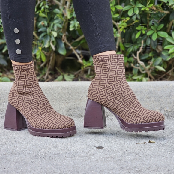 Shoes - Women's Chunky Block Heel Sock Boots Print Color
